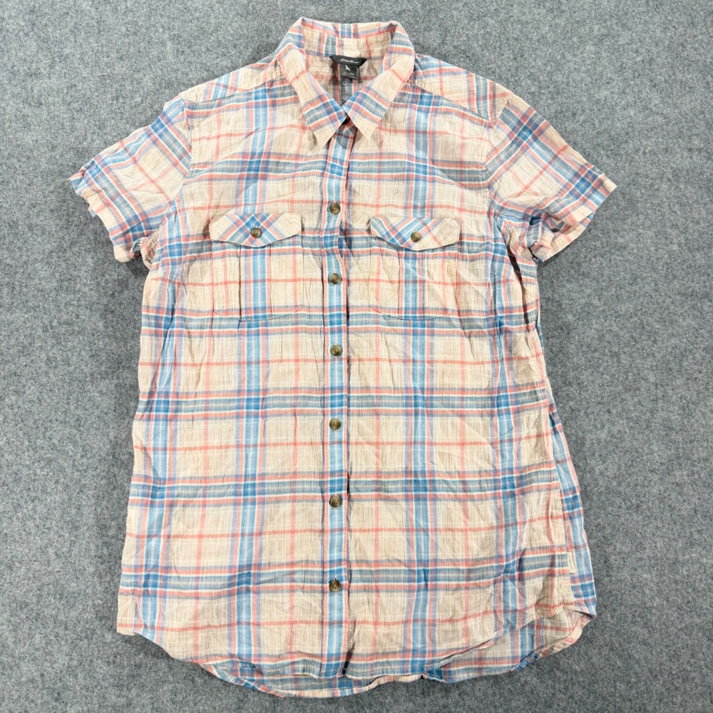Eddie Bauer Womens Medium Plaid Short Sleeve Button Down Shirt Blue Coral